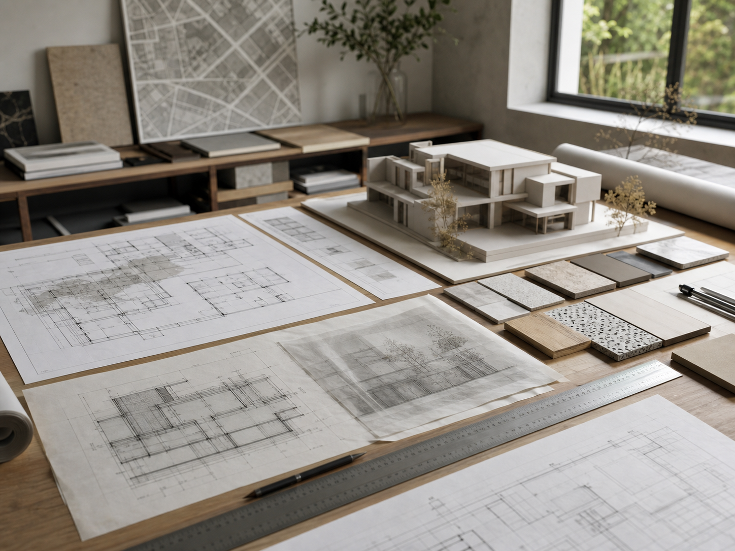 Coordinated architectural drawings, model, and material selections
