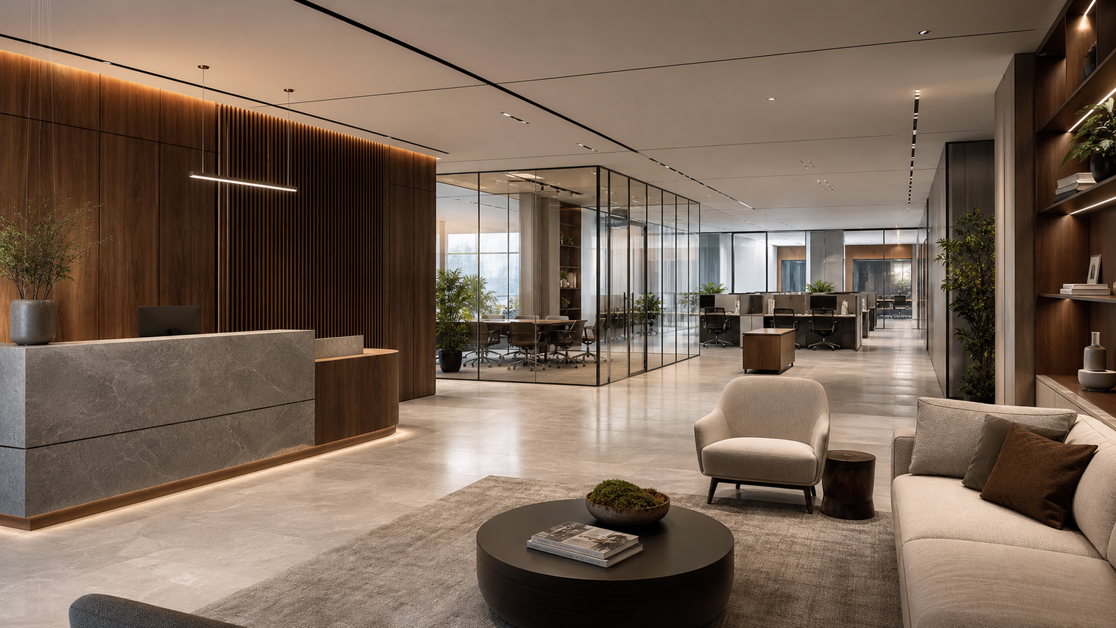 Premium commercial reception, client lounge, and modern office interior