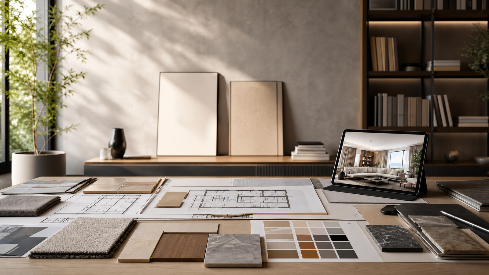 Premium interior design consultation with plans, materials, and colour selections