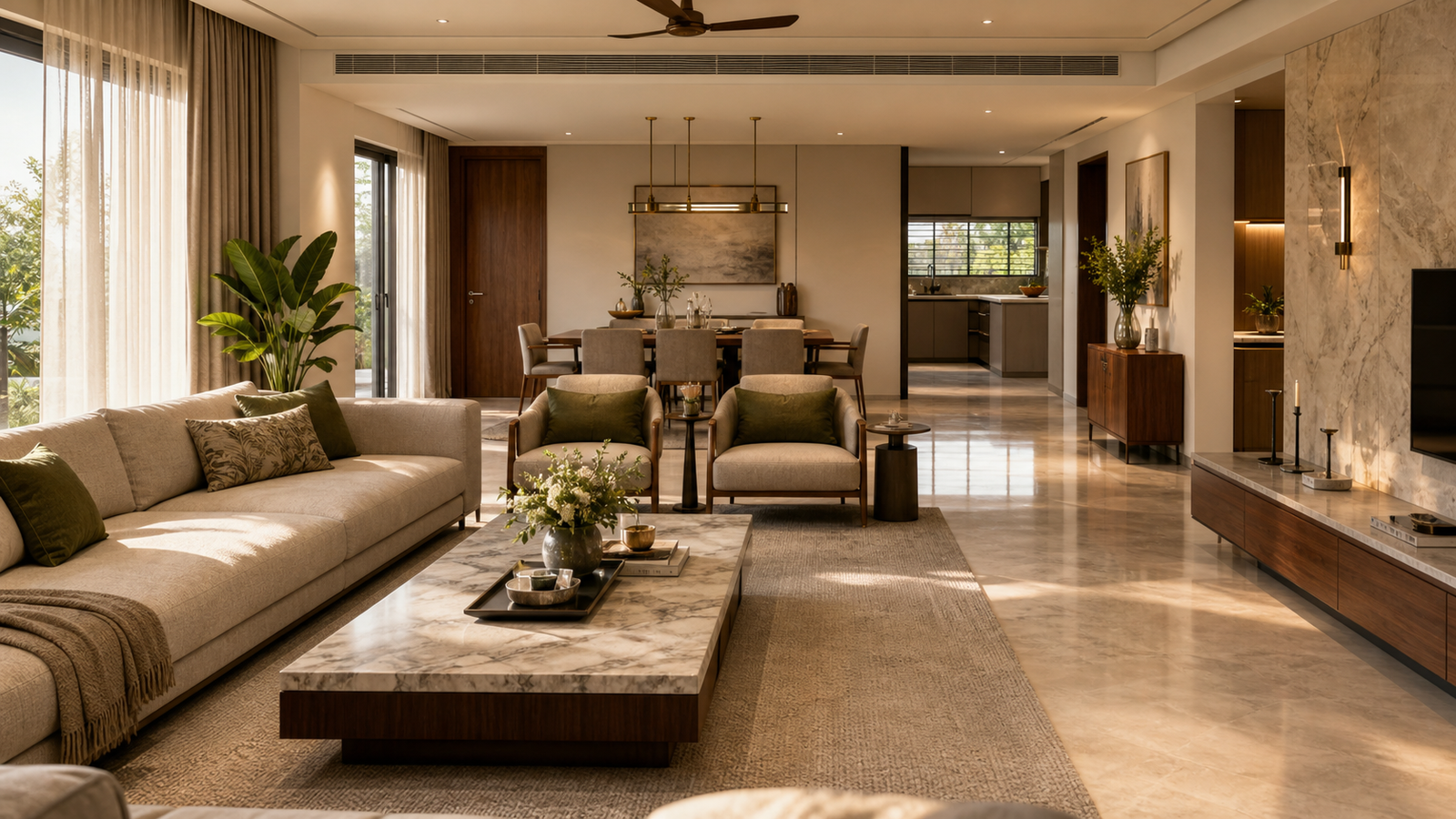 Premium residential living, dining, and modular kitchen interior designed for modern everyday living