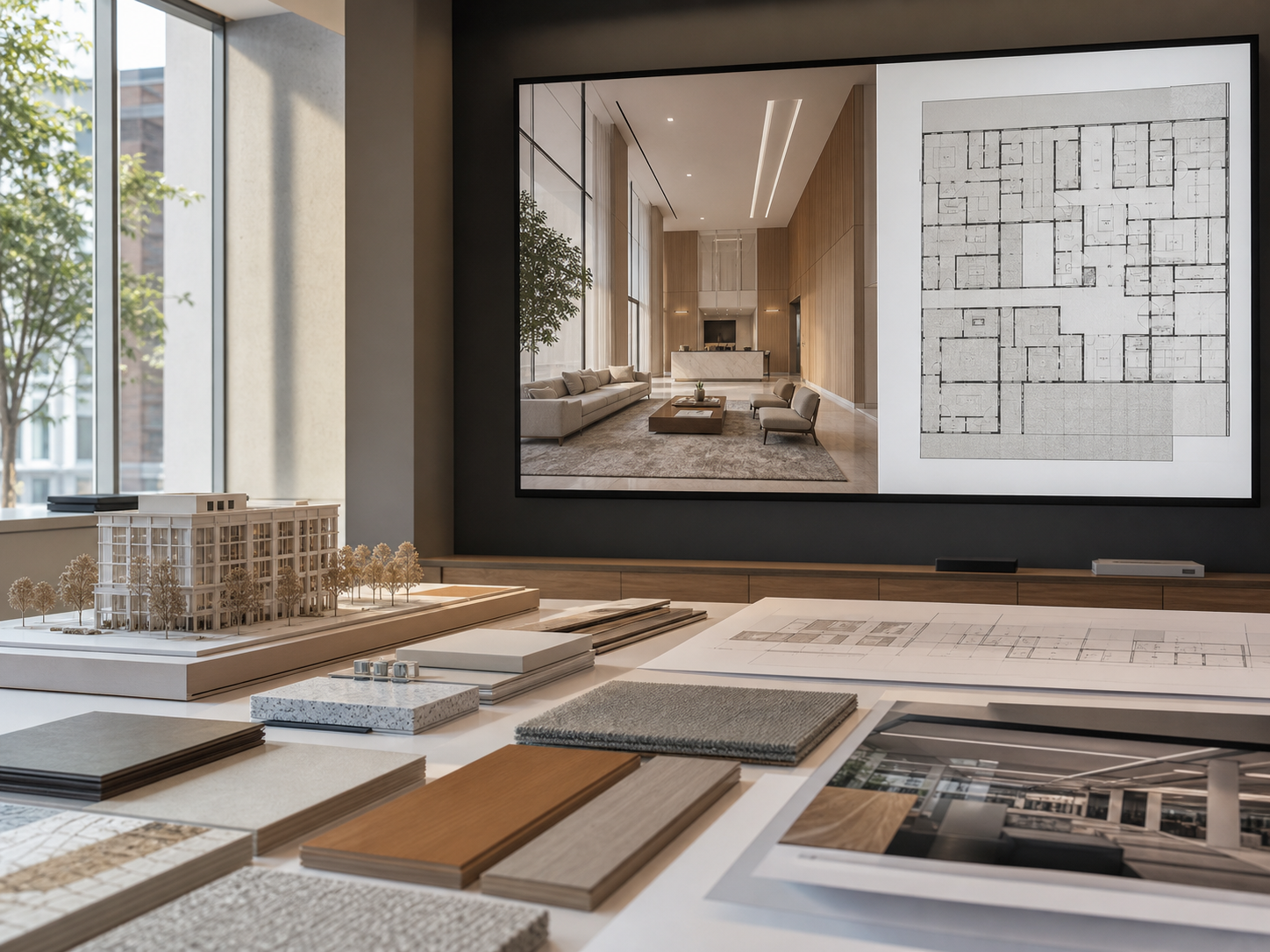Coordinated 3D view, floor plan, model, and material review